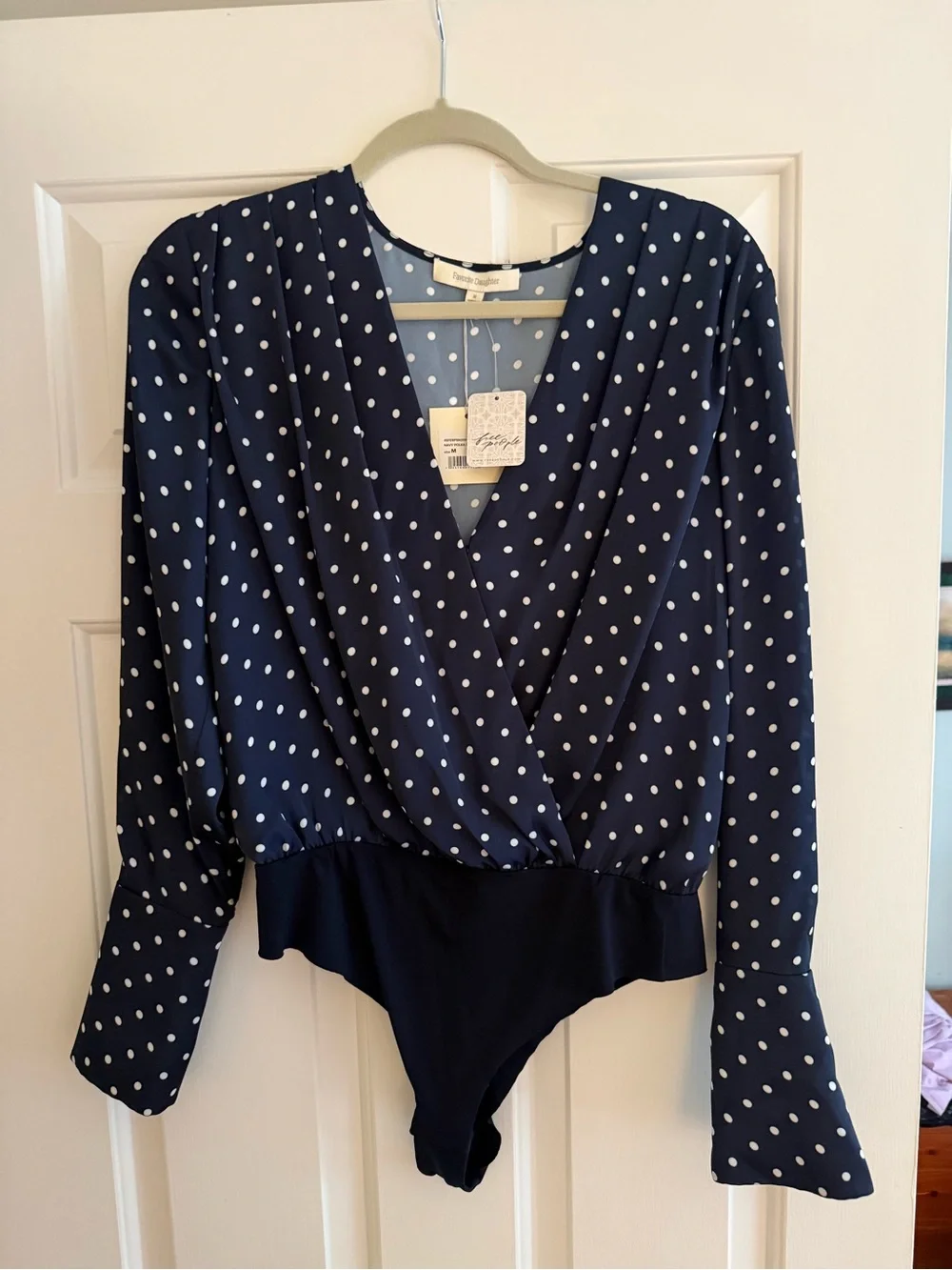 Favorite Daughter Navy and White Polka Dot Wrap Top/Bodysuit